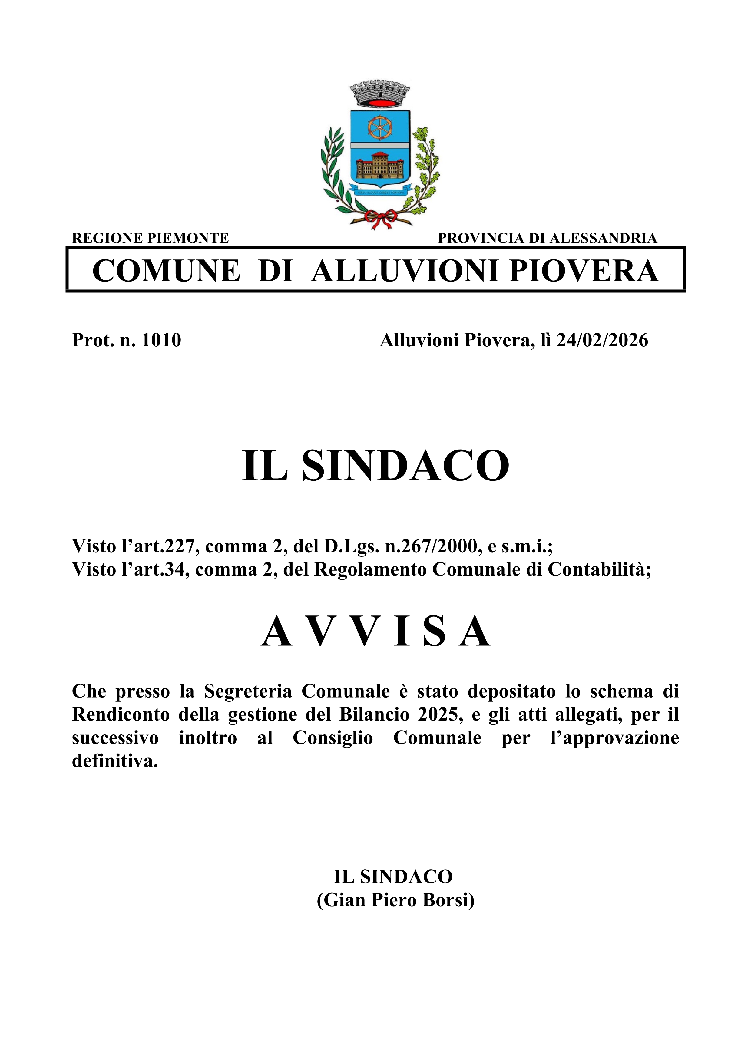 Avviso di deposito degli atti relativi al Conto Consuntivo 2025